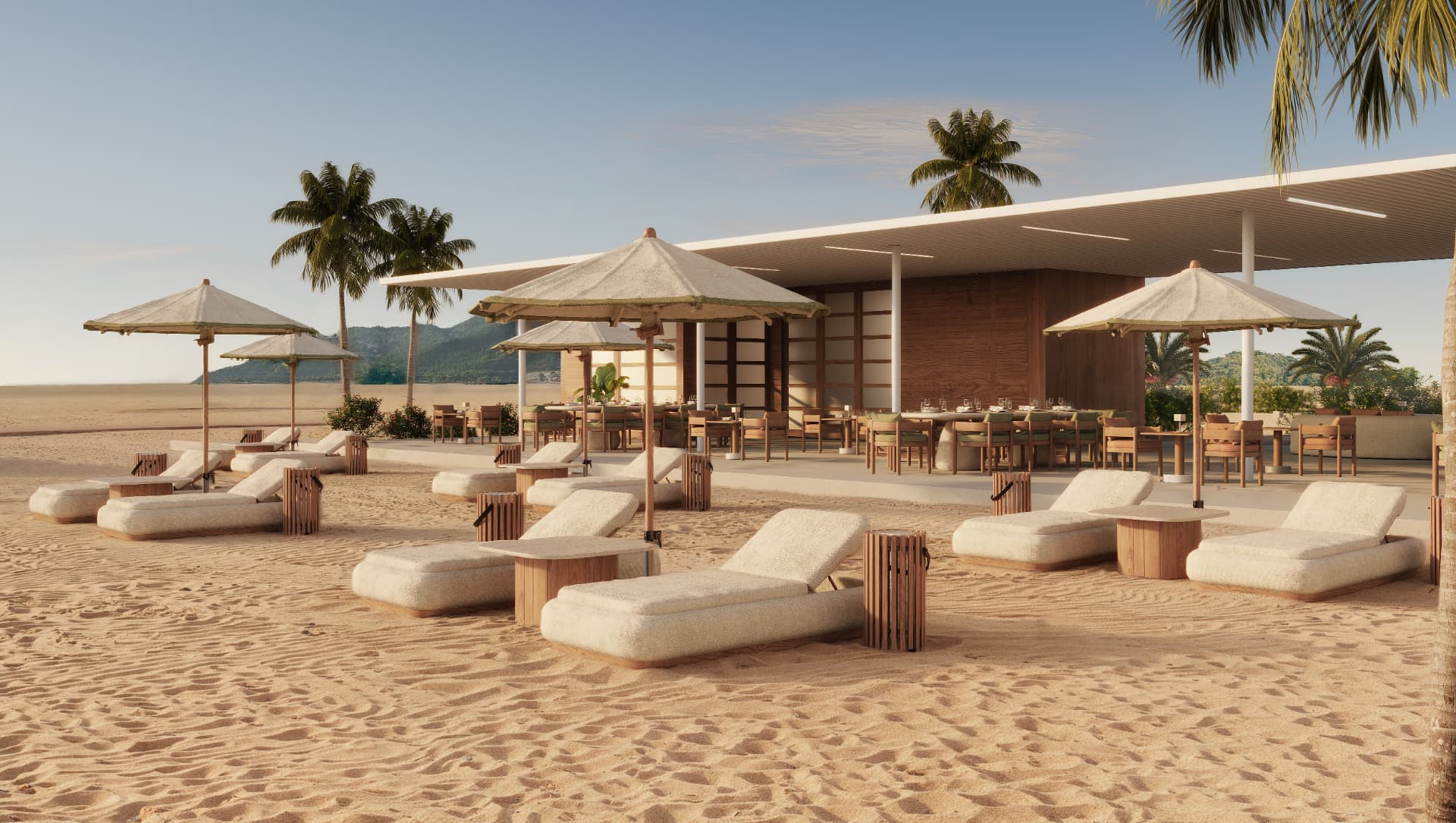 The Solarium — plush loungers & neutral canvas umbrellas