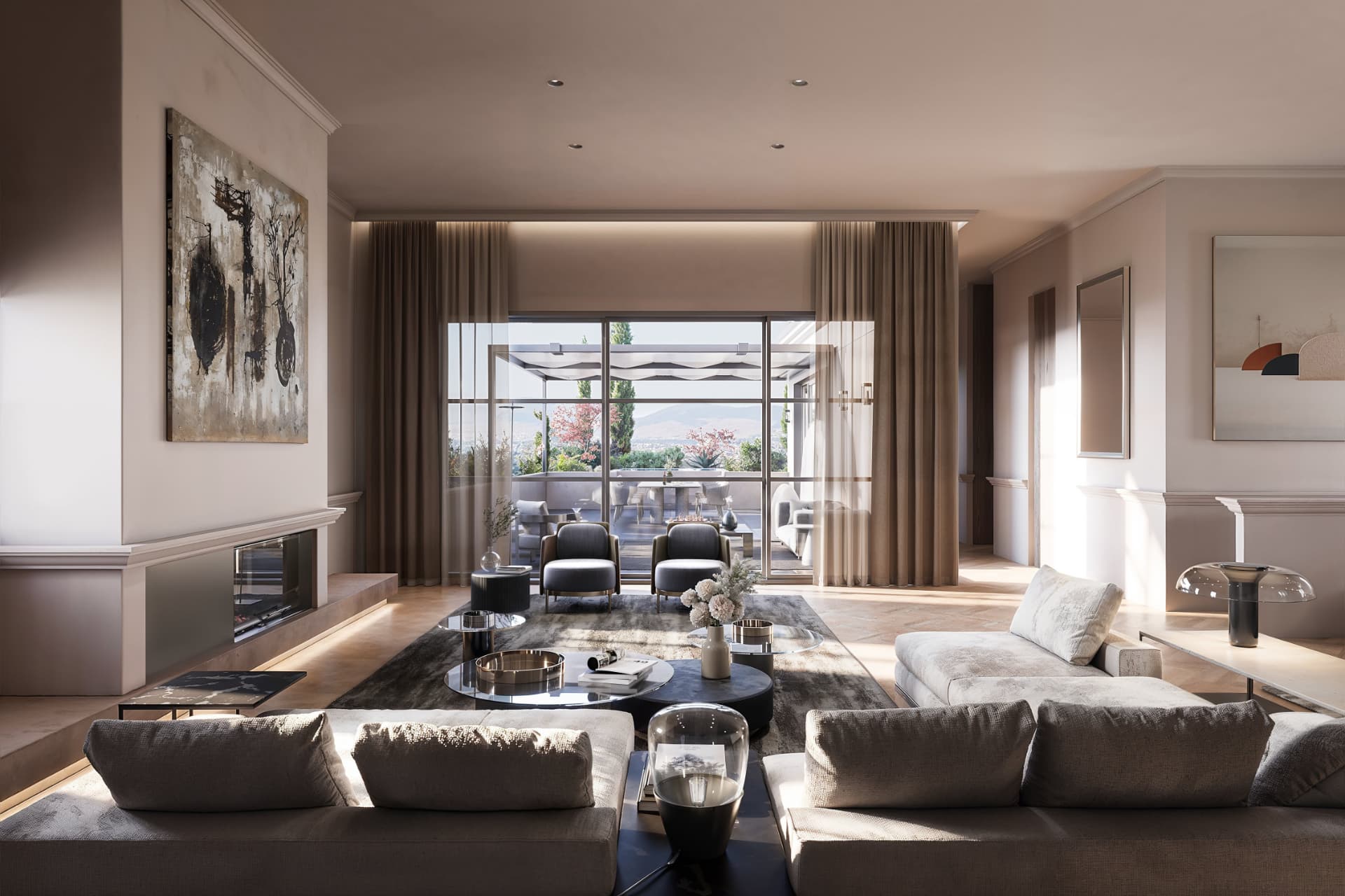 Living room — fireplace & garden view