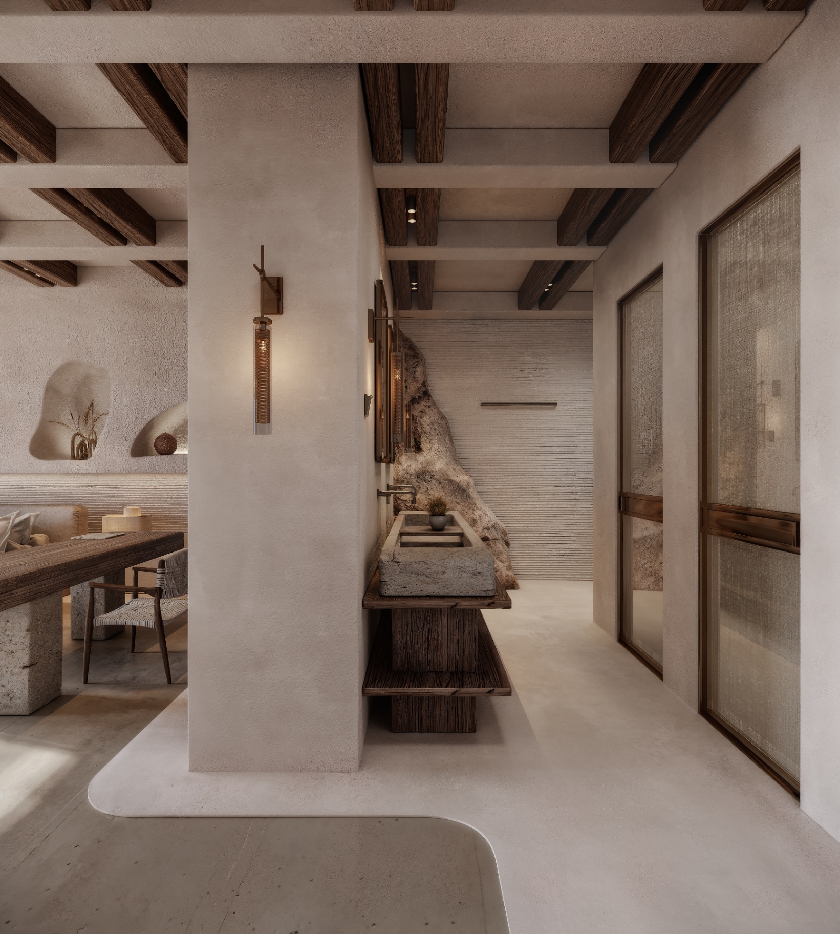 Bathroom — raw stone wall & sculpted basin