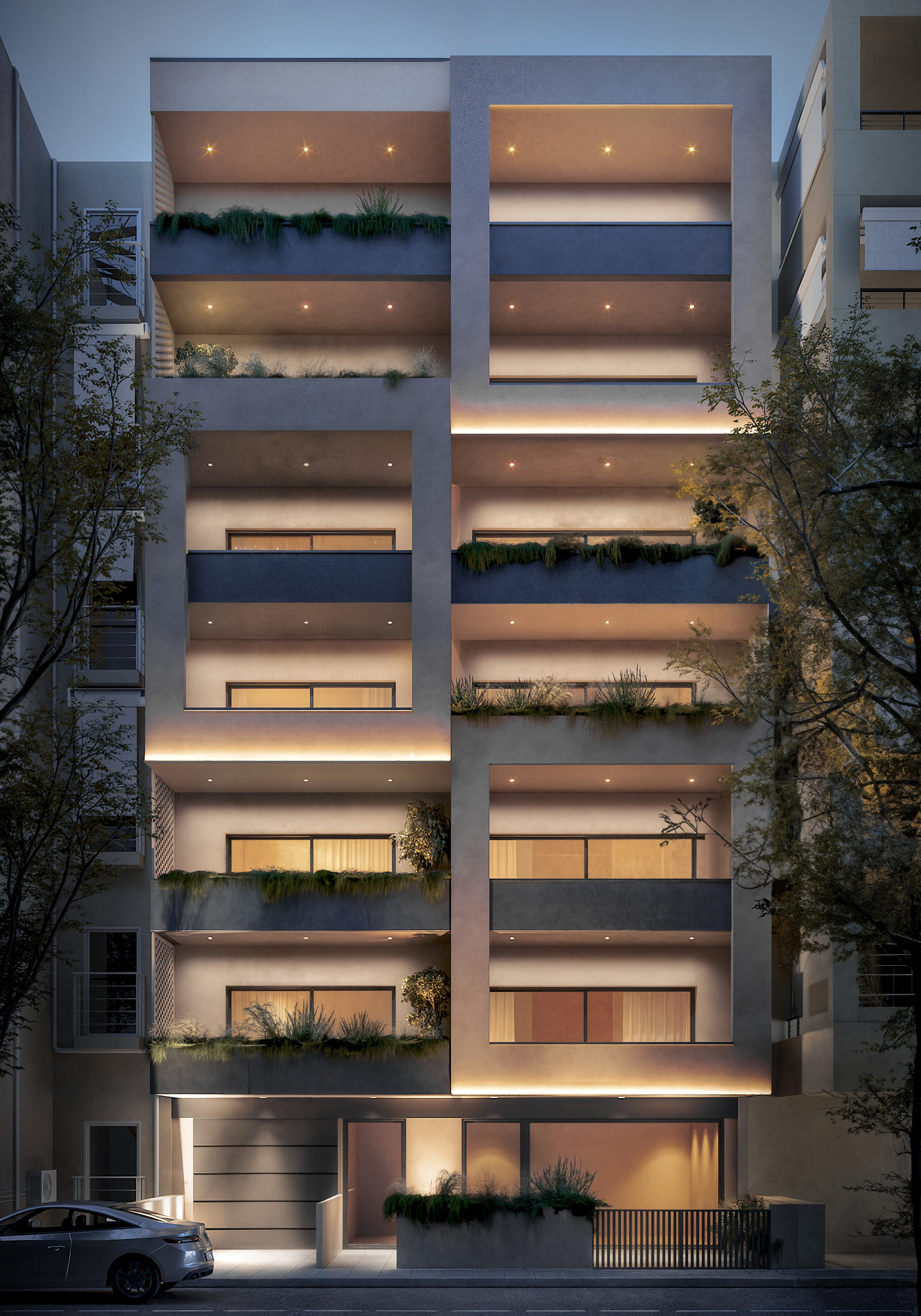 Exterior — full elevation at twilight