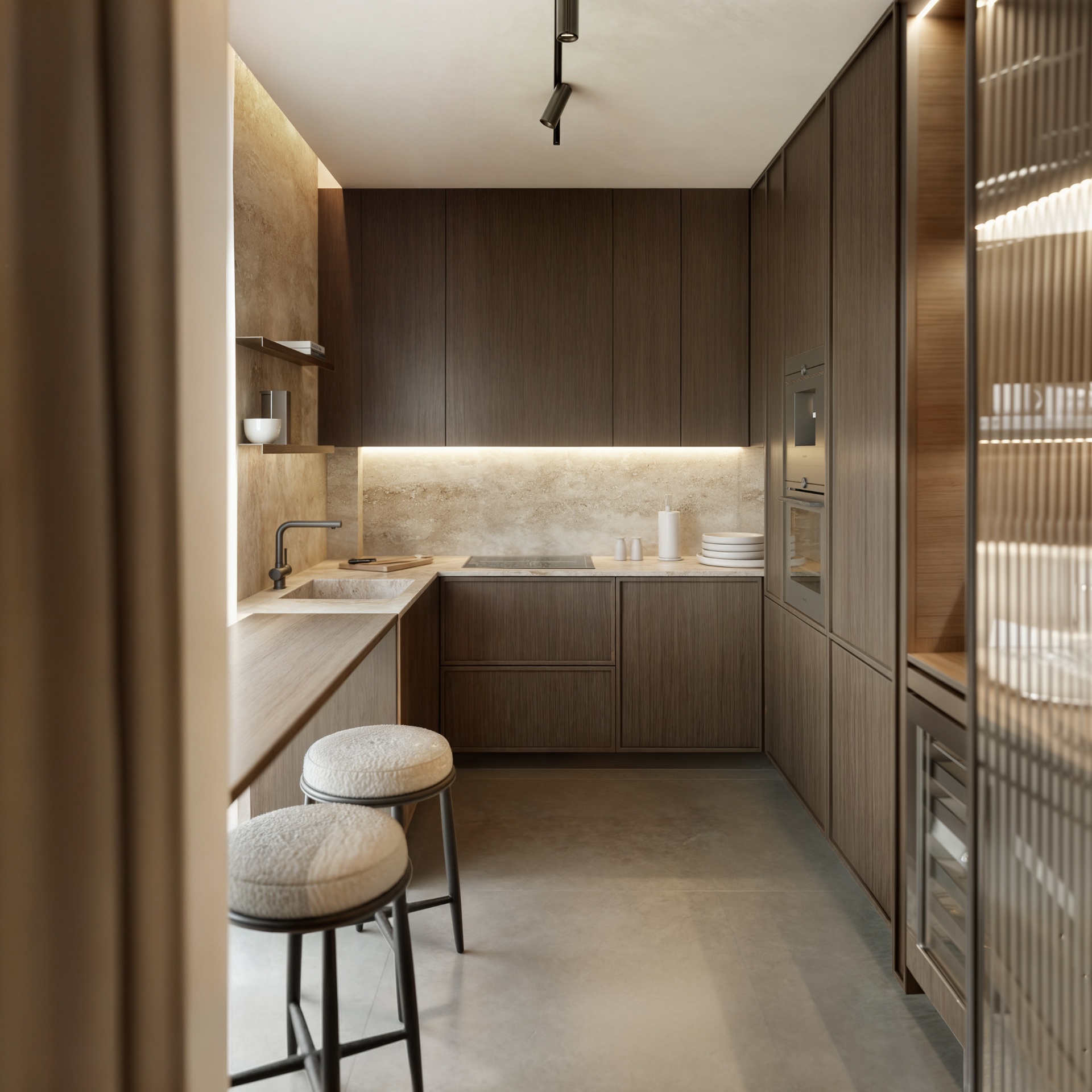 Kitchen — travertine backsplash