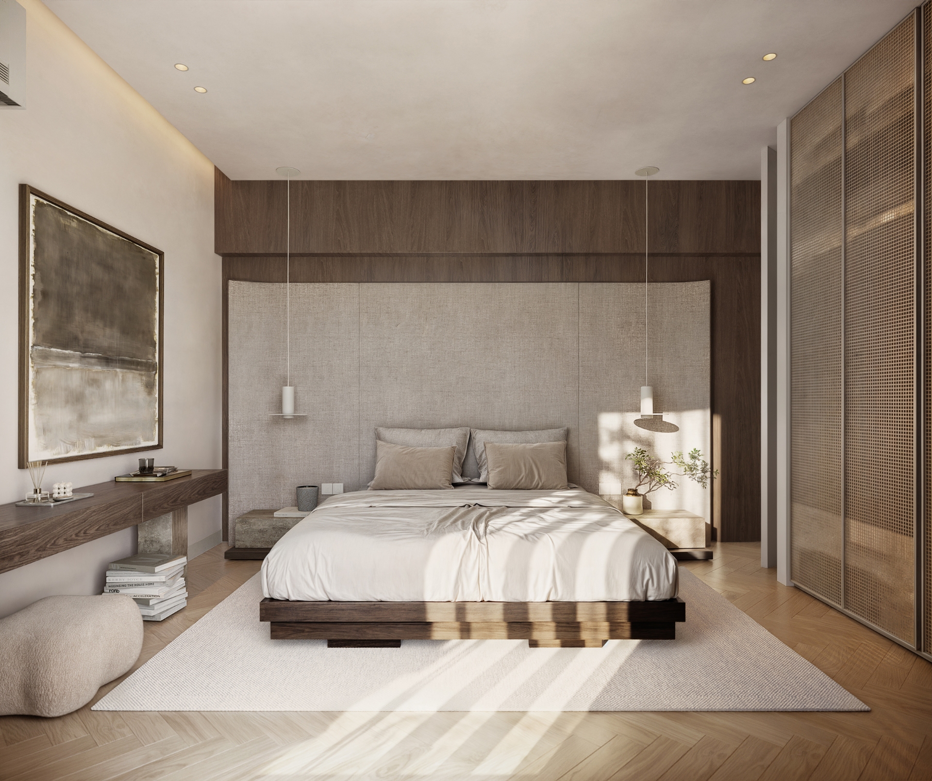 Master bedroom — linen headboard
