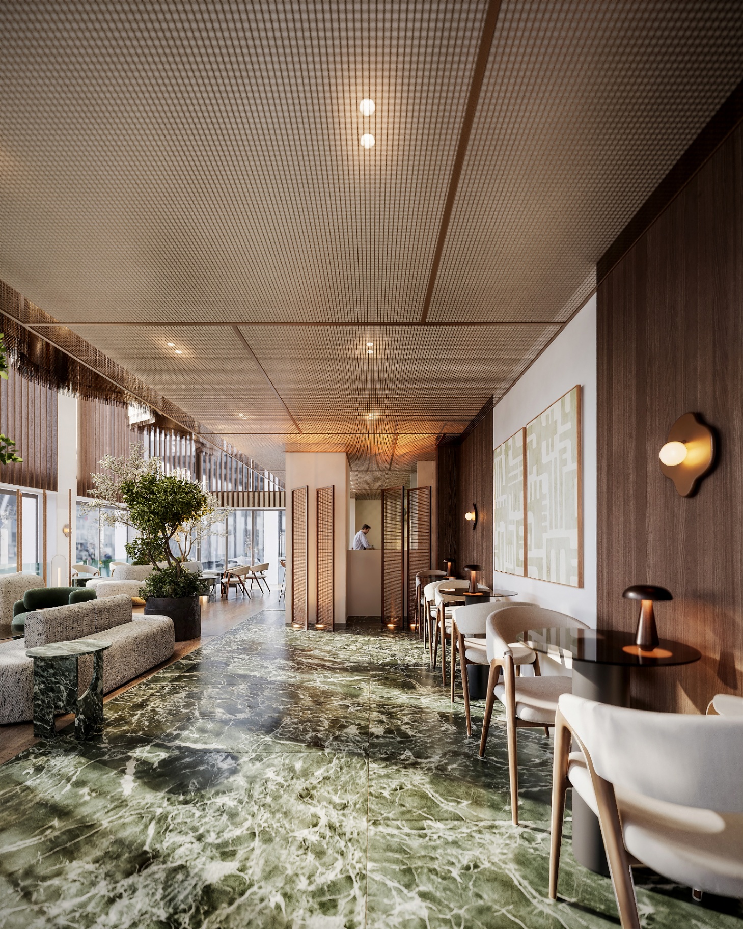 Lobby — green marble floor & café