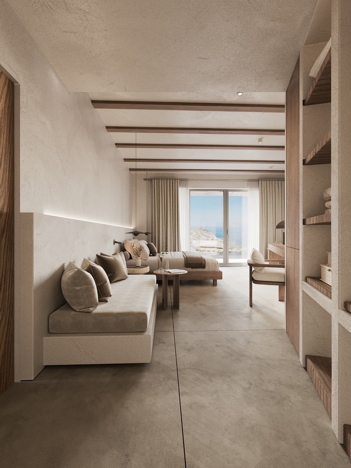 Bedroom — earth tones, timber and filtered Aegean light