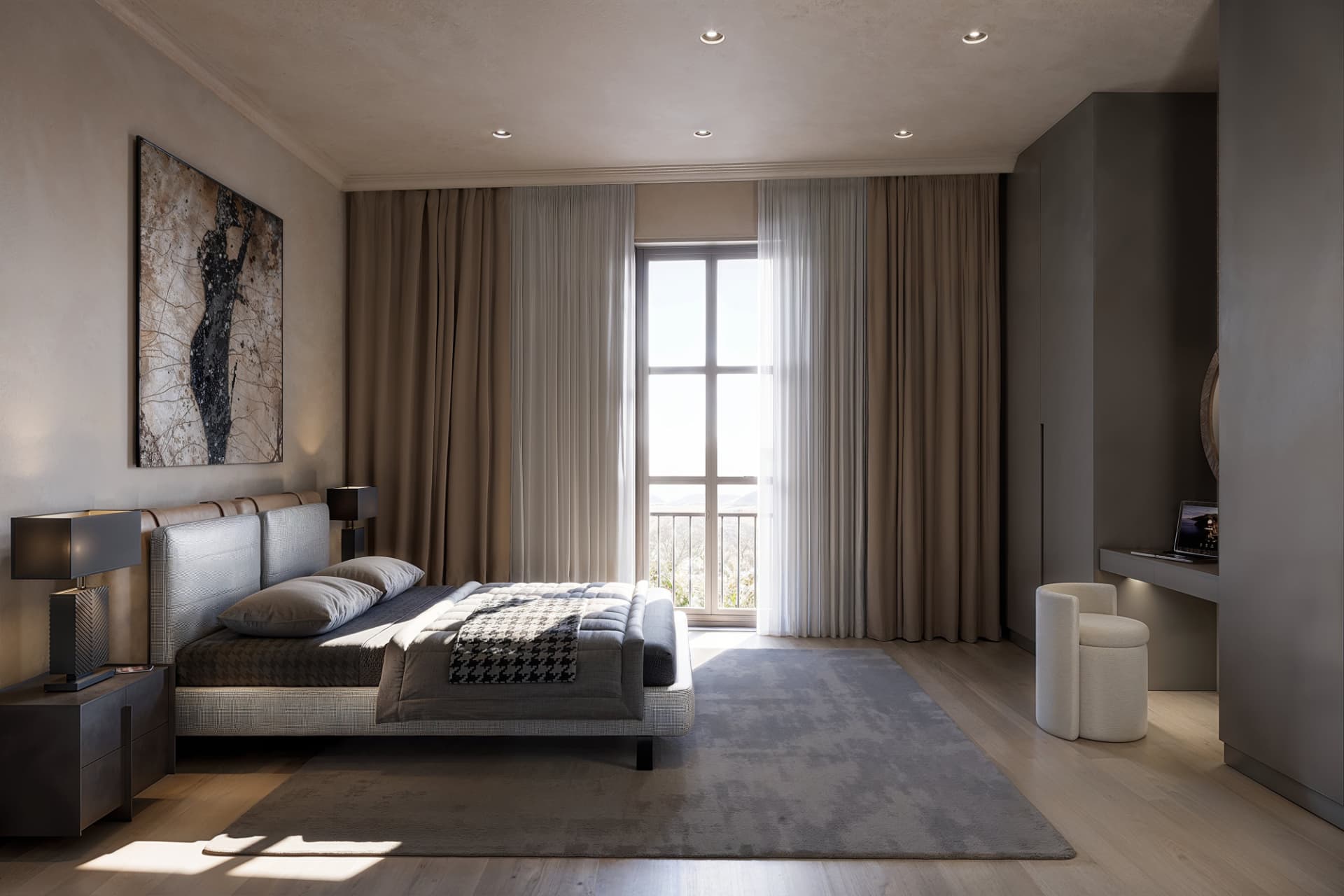 Master bedroom — soft neutral palette