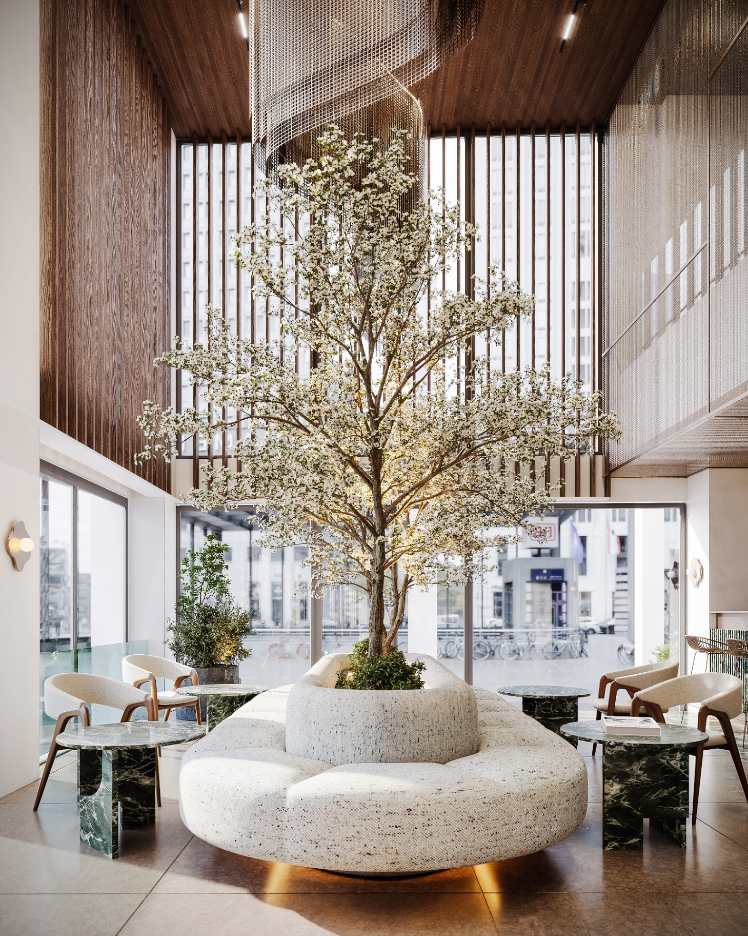 Lobby — blossoming tree & suspended sculpture
