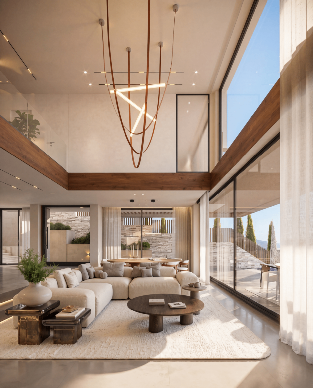 Living room — sculptural chandelier & garden view