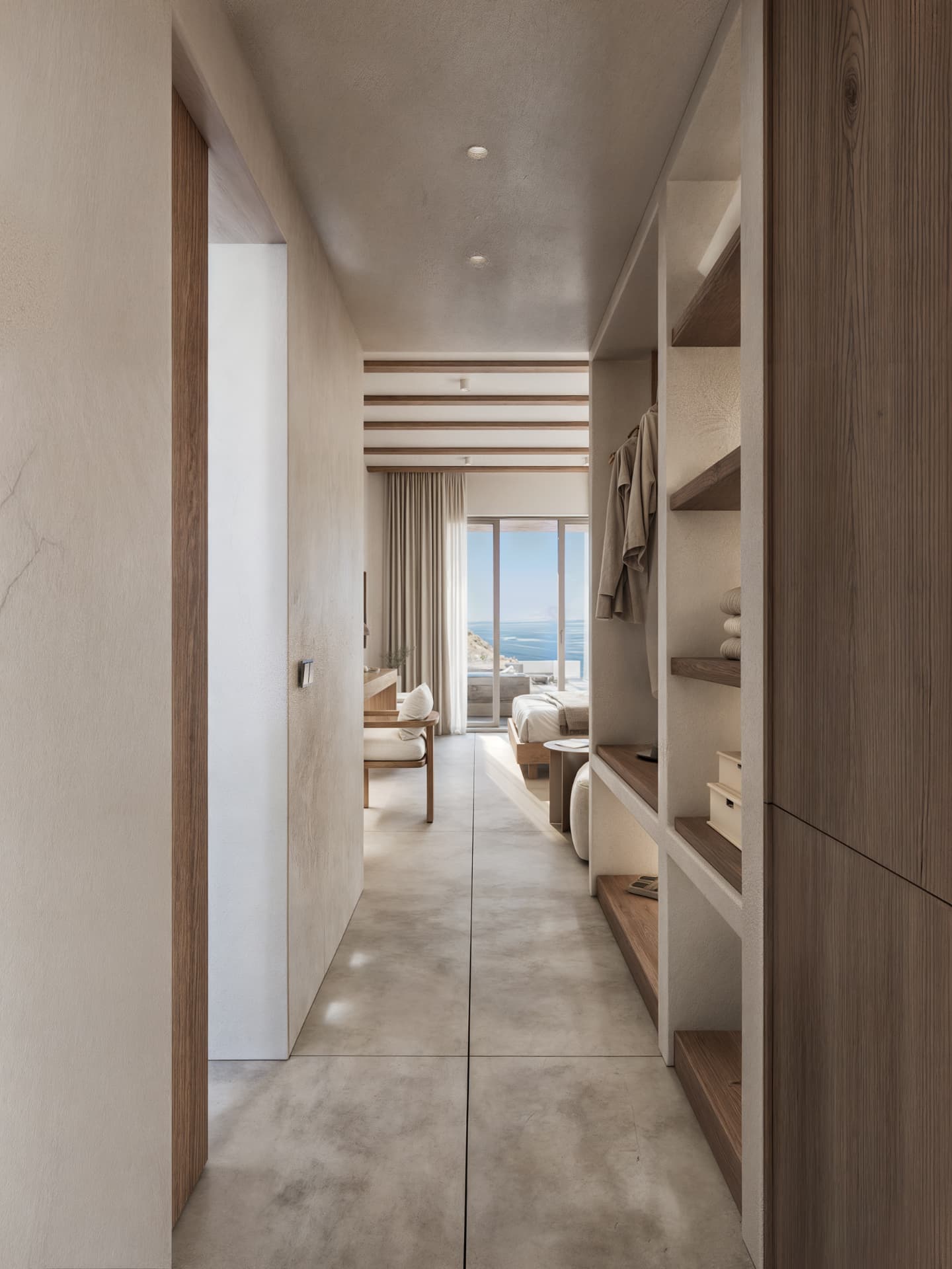 Corridor — the harmonious sequence of materials and clean lines guides the eye seamlessly toward the natural light and landscape