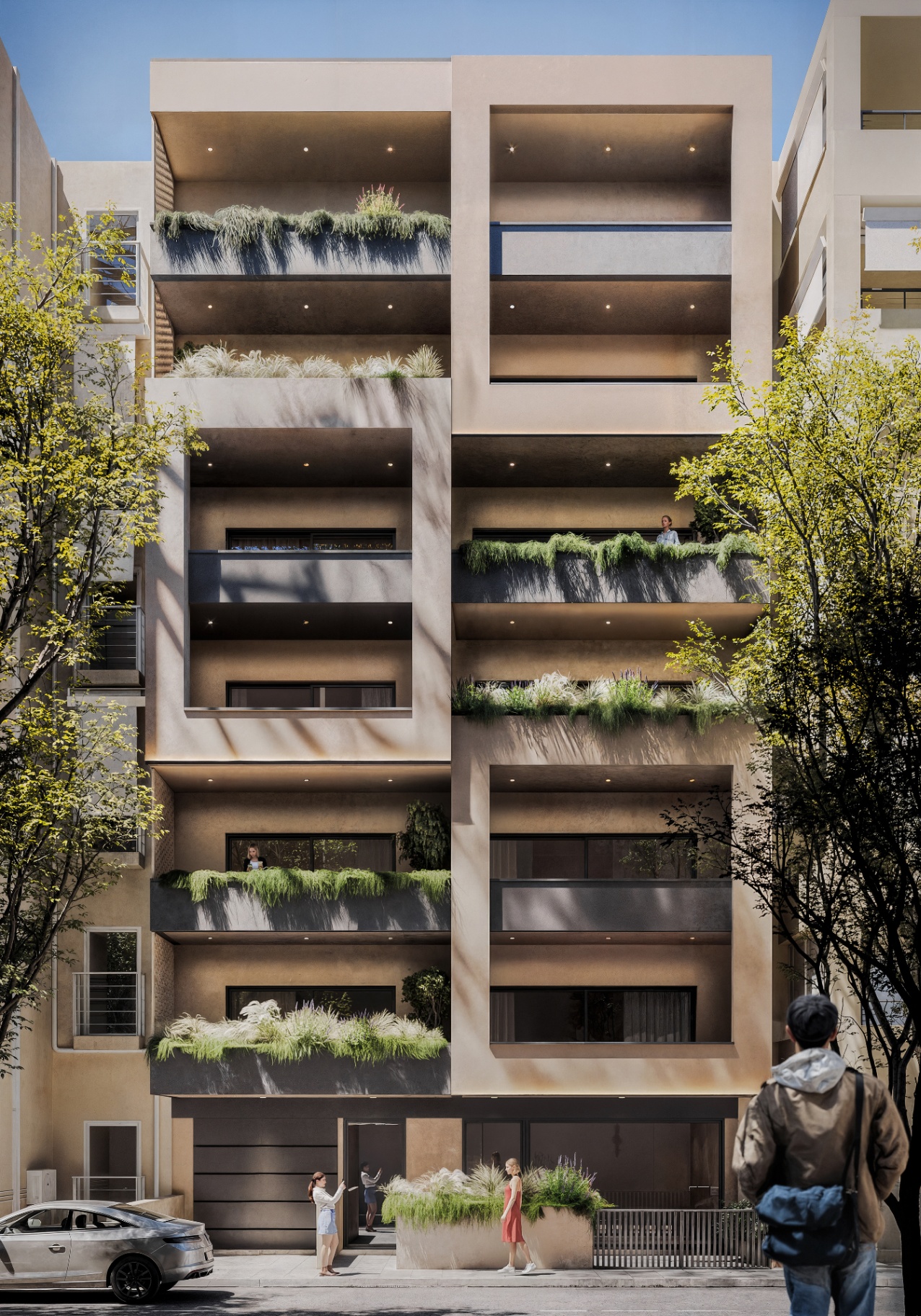 Exterior — daytime facade & planted balconies