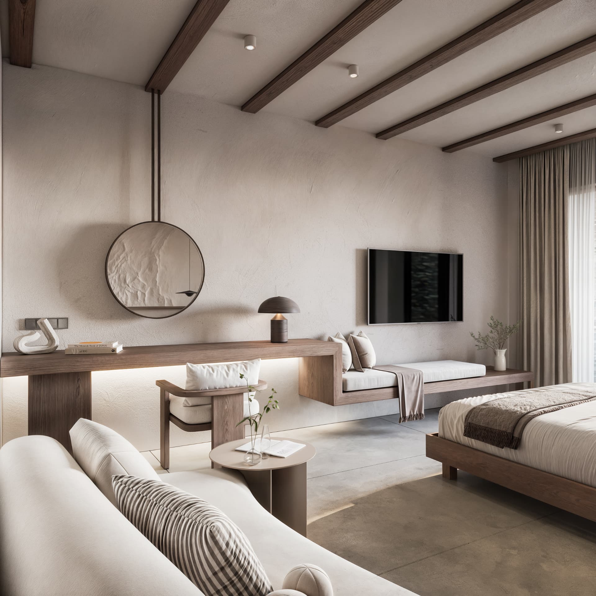 Lounge Corner — soft curves of earth-toned furnishings meet the natural warmth of wood, composing a sanctuary of understated luxury