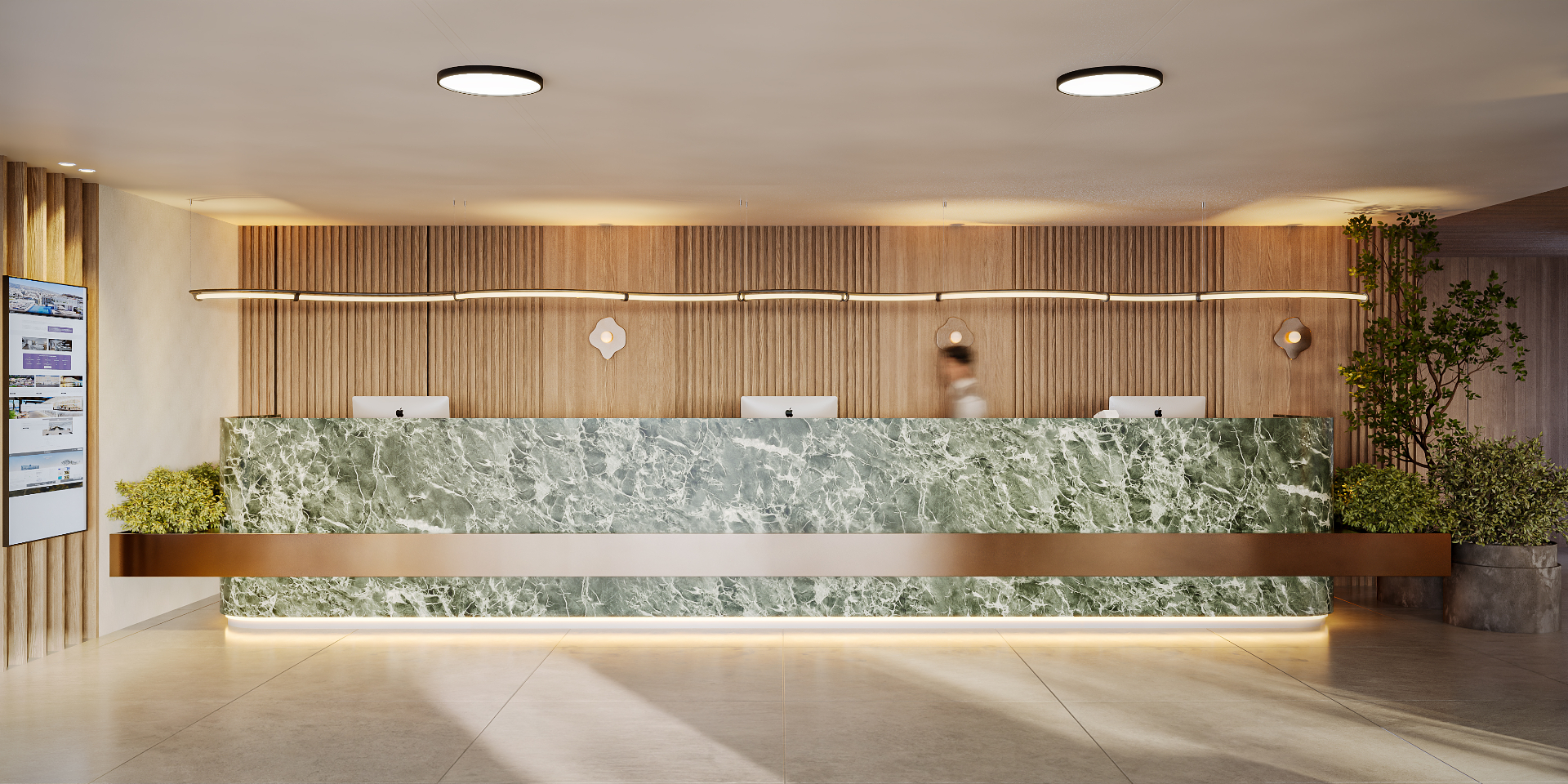 Reception — green marble desk & oak panelling