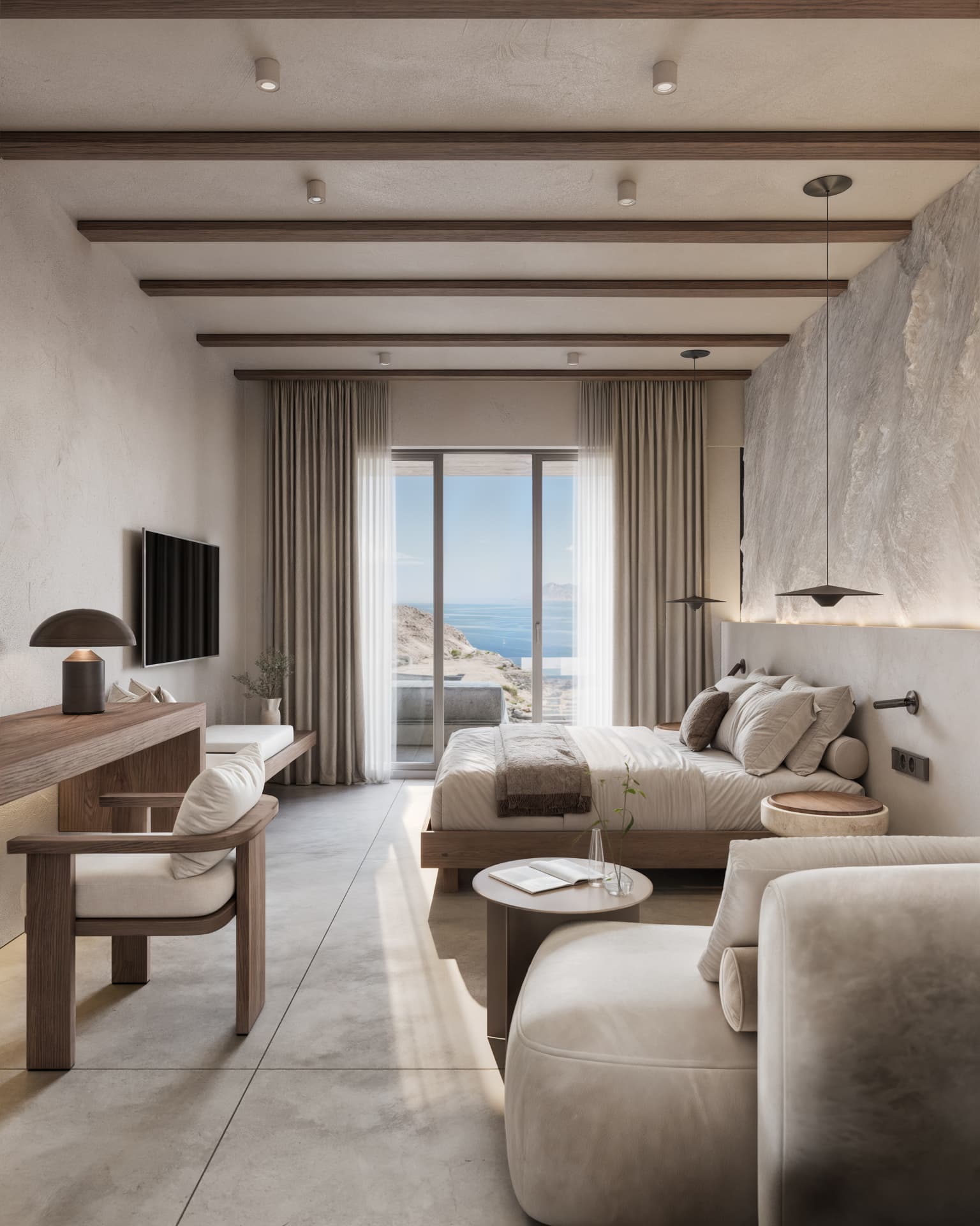 Master Bedroom — the organic relief wall embraces the space, creating a sense of tectonic continuity and timeless elegance