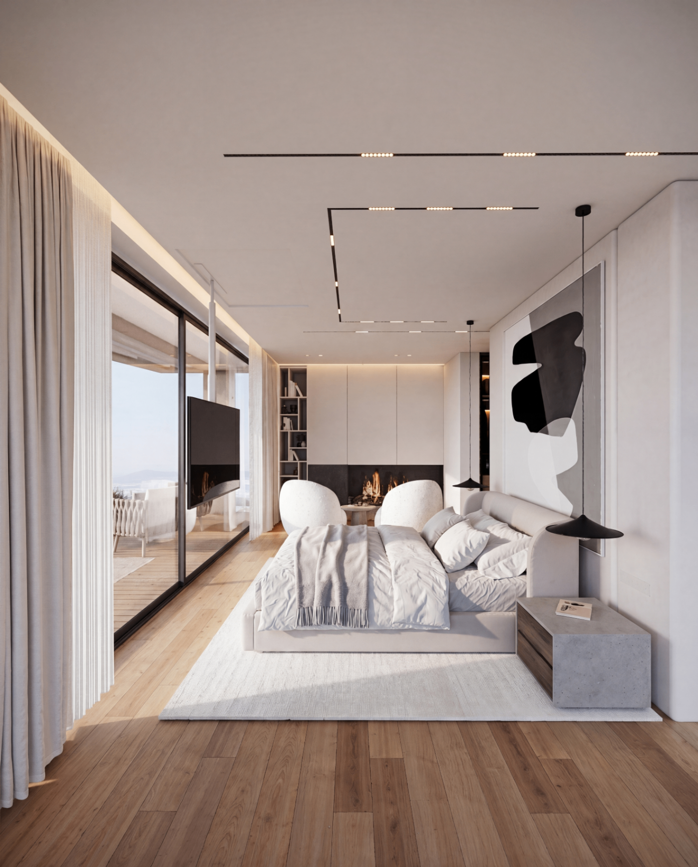 Master bedroom — day view & fireplace