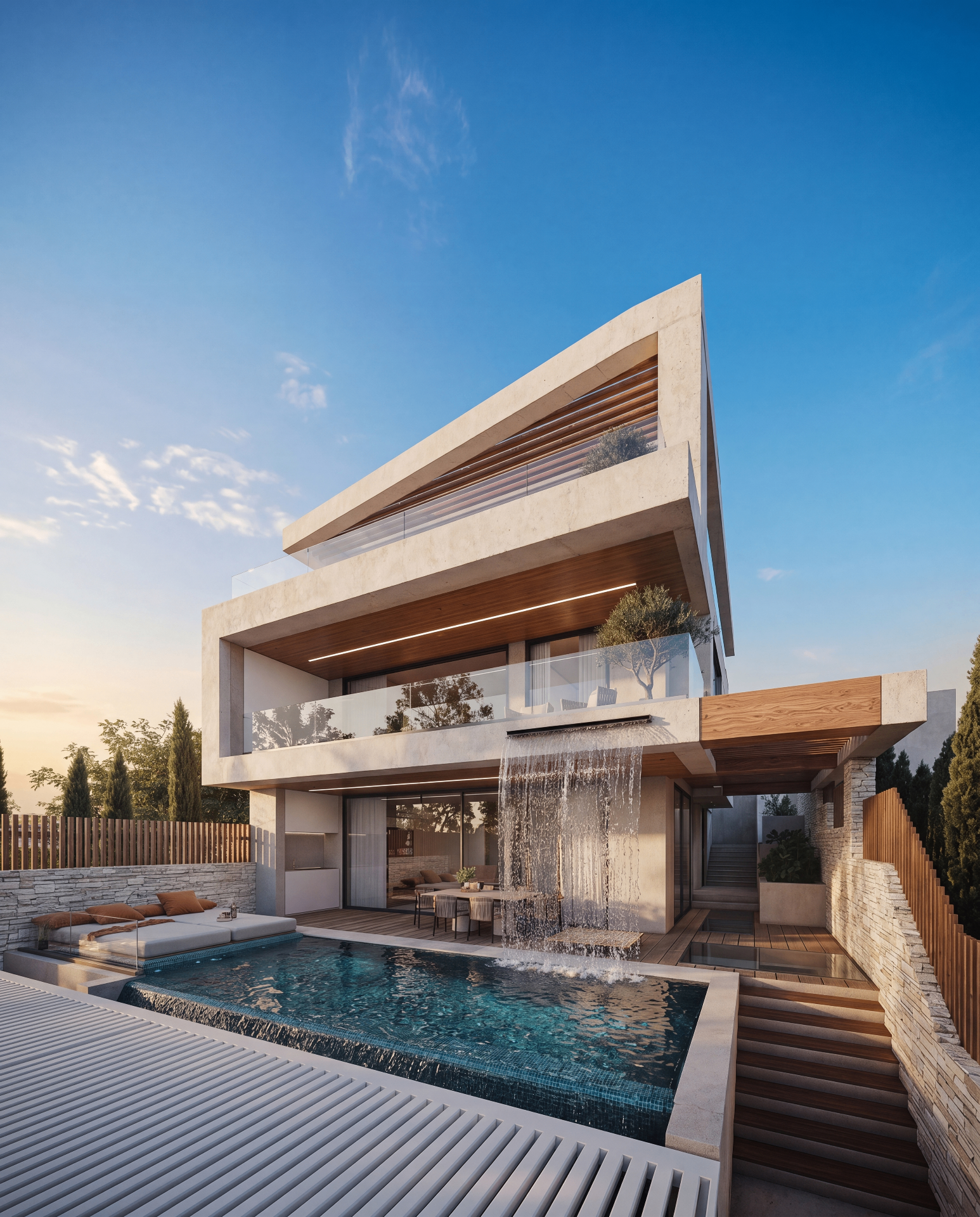 Exterior — waterfall & stair at dusk
