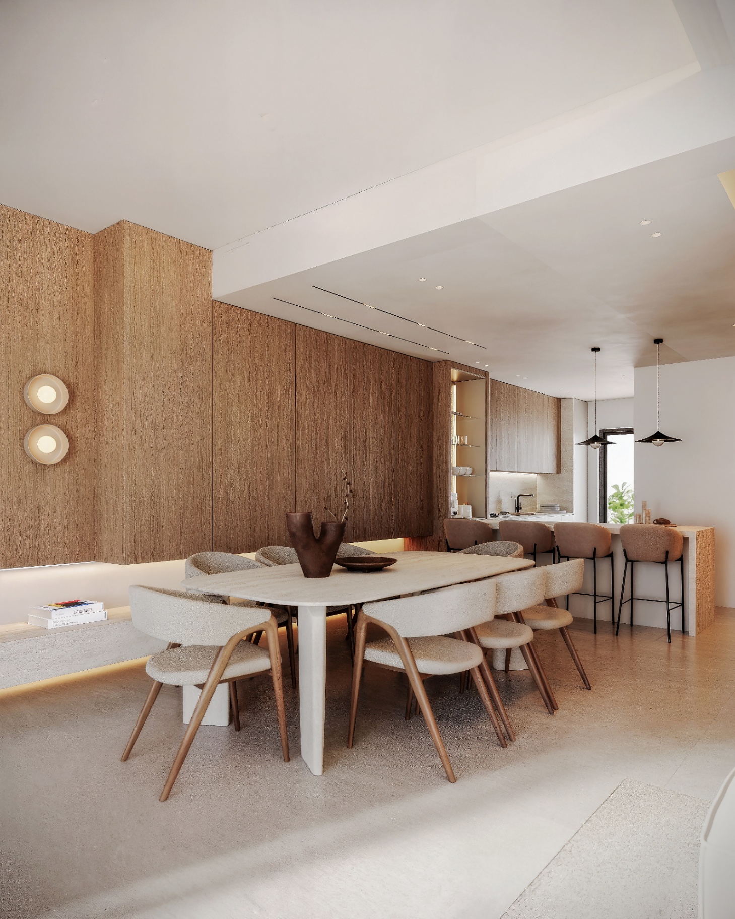 Dining & kitchen — oak paneling & travertine table