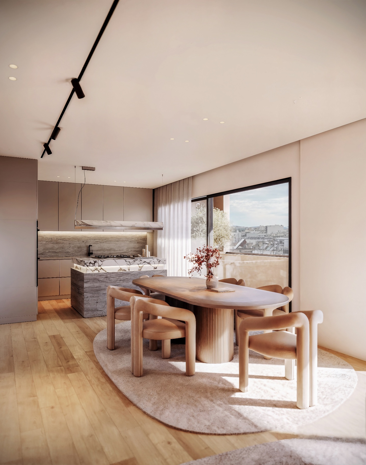 Kitchen & dining — marble island with city view