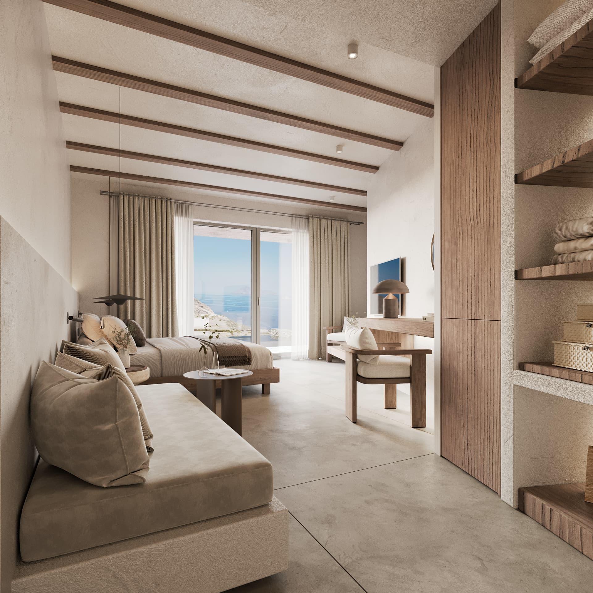 Bedroom — sea view through sheer linen curtains