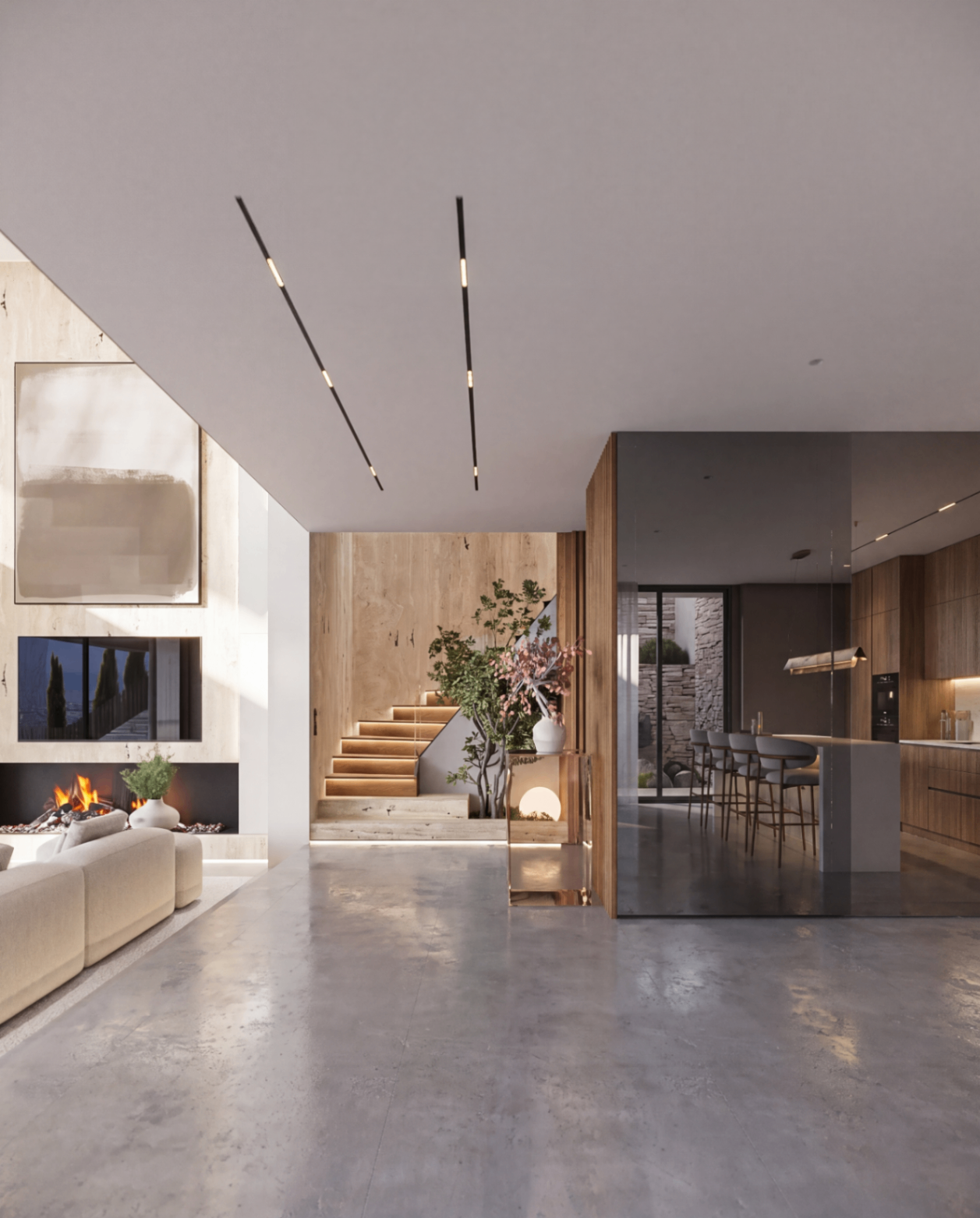 Entrance — fireplace, stair & kitchen