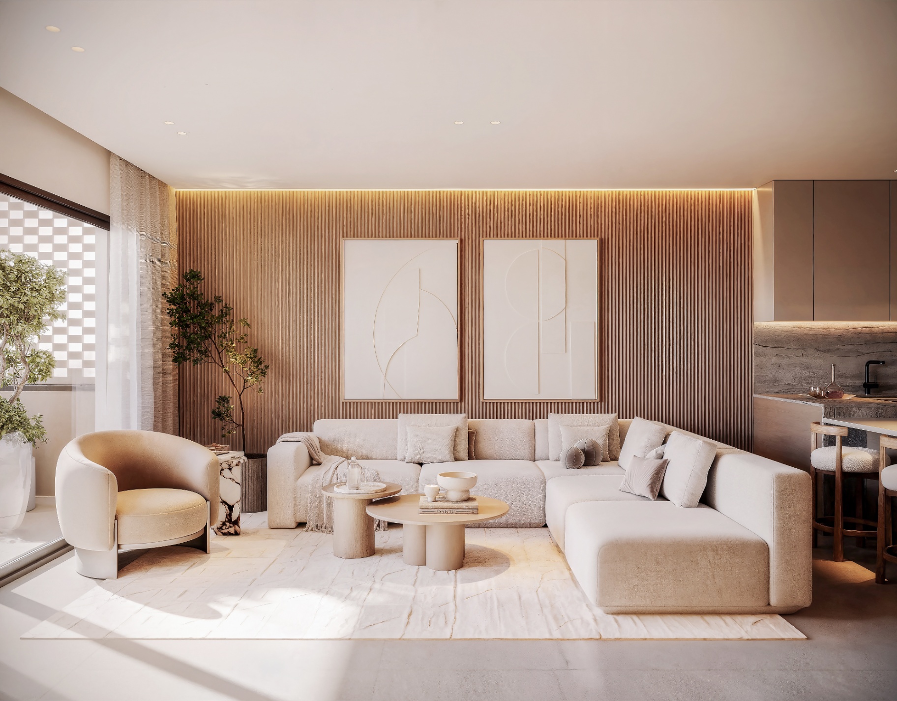Living room — vertical wood paneling & travertine floor
