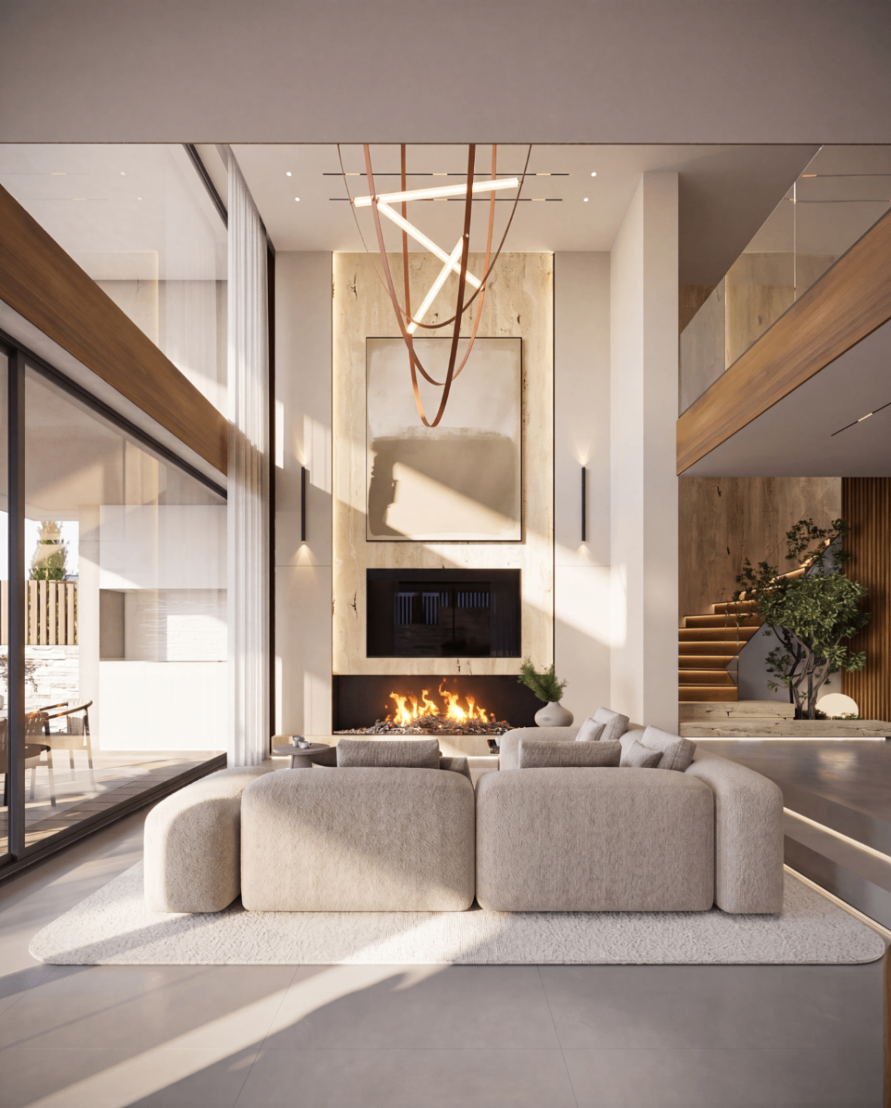 Living room — double-height fireplace