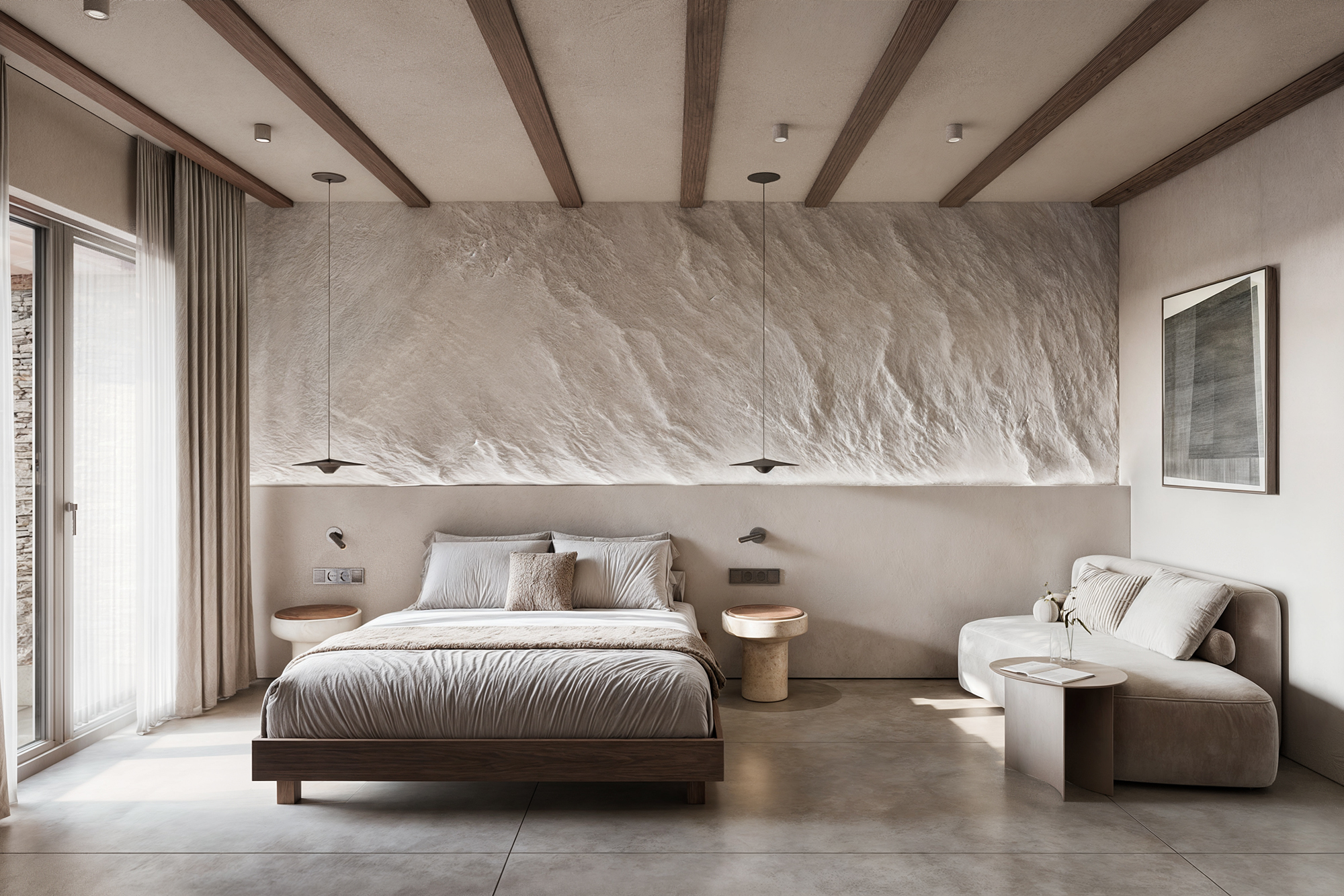 Master Bedroom — sculptural relief wall & warm timber beams