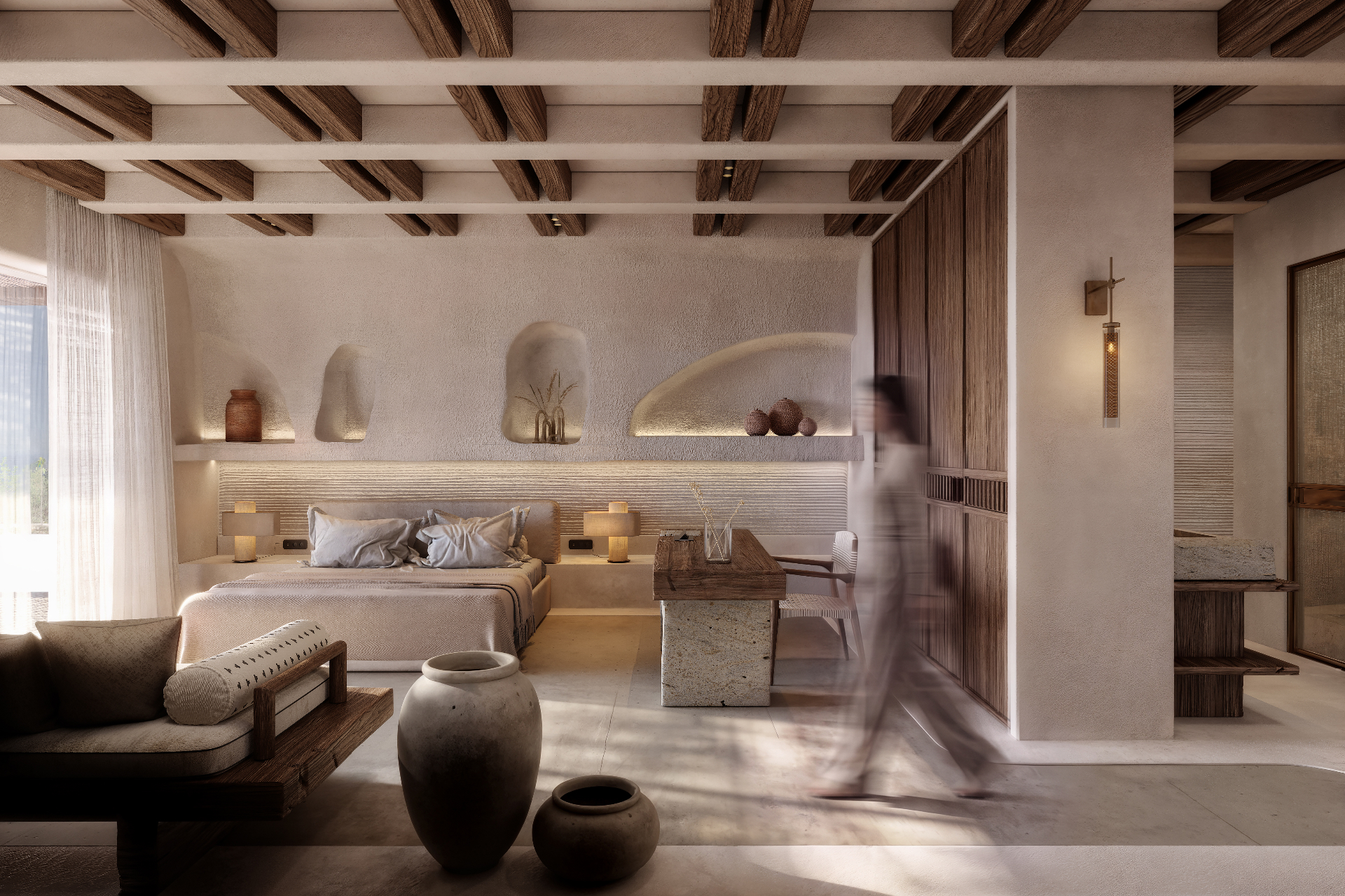 Suite — timber-beamed ceiling & sculpted niches