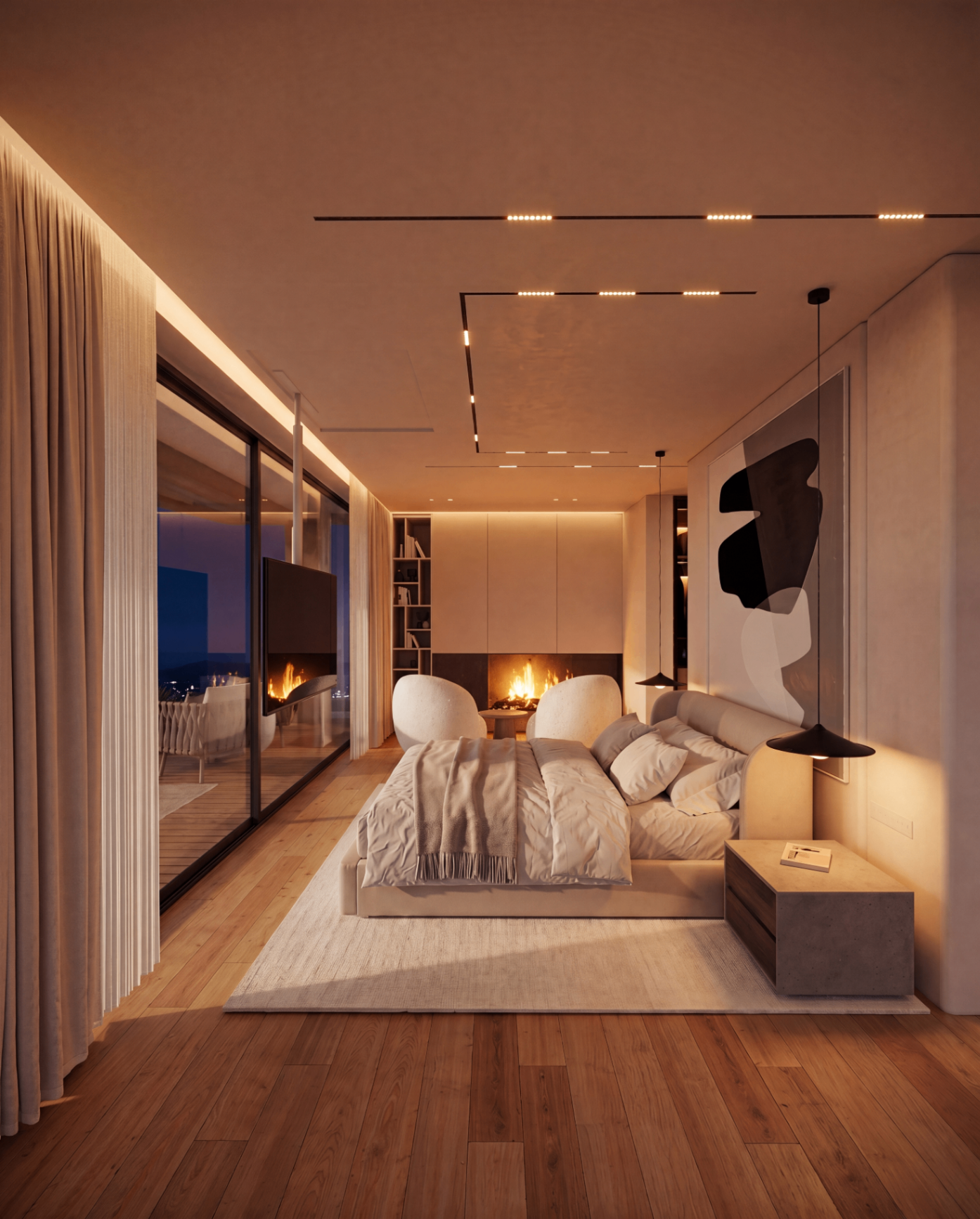 Master bedroom — night view & fireplace