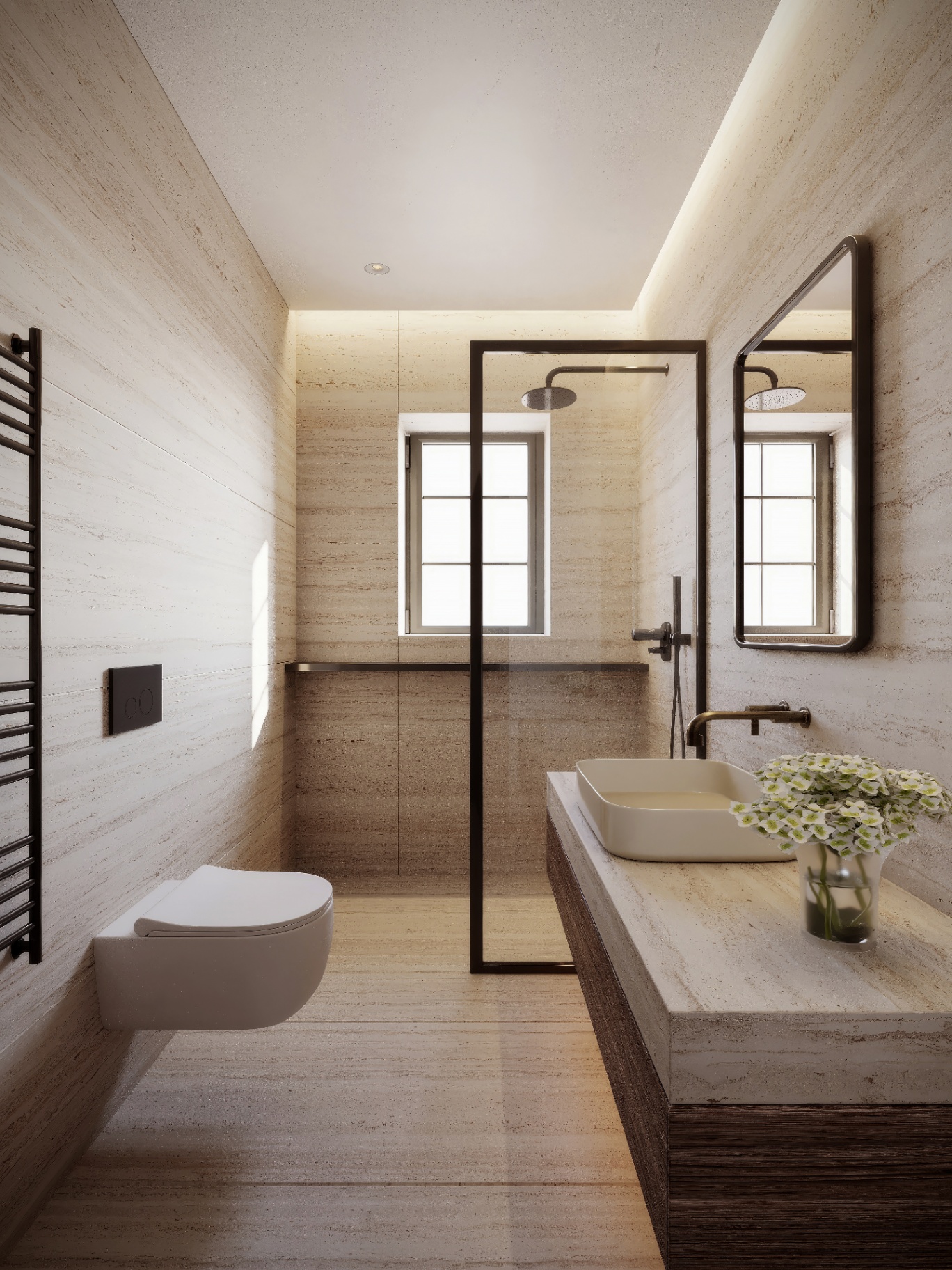 Bathroom — travertine surfaces