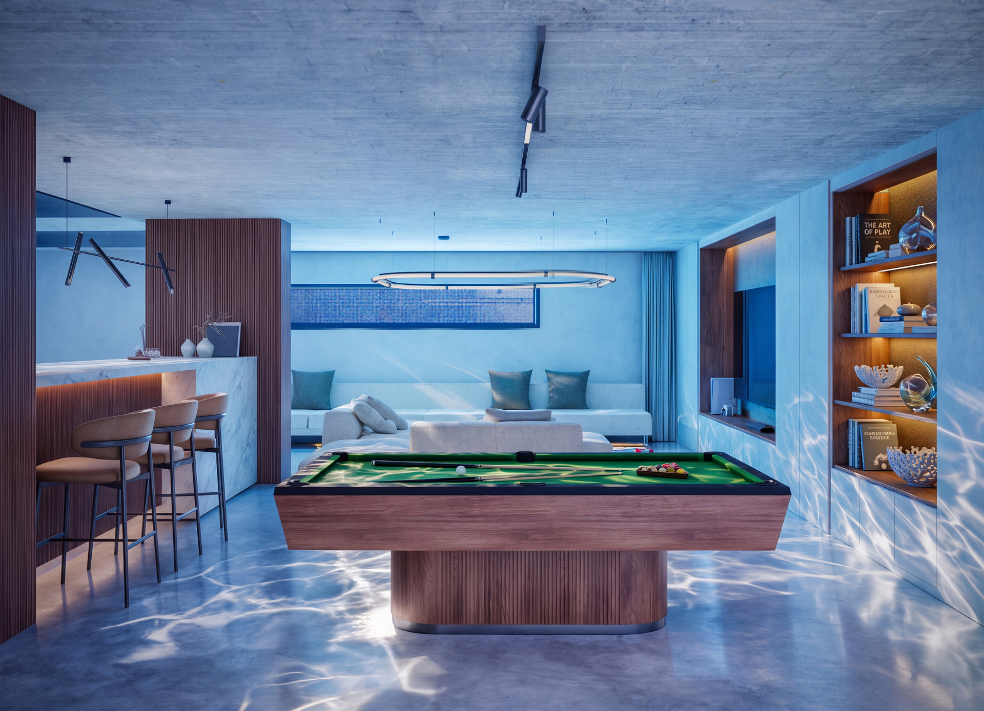 Basement playroom — billiards & submarine pool window