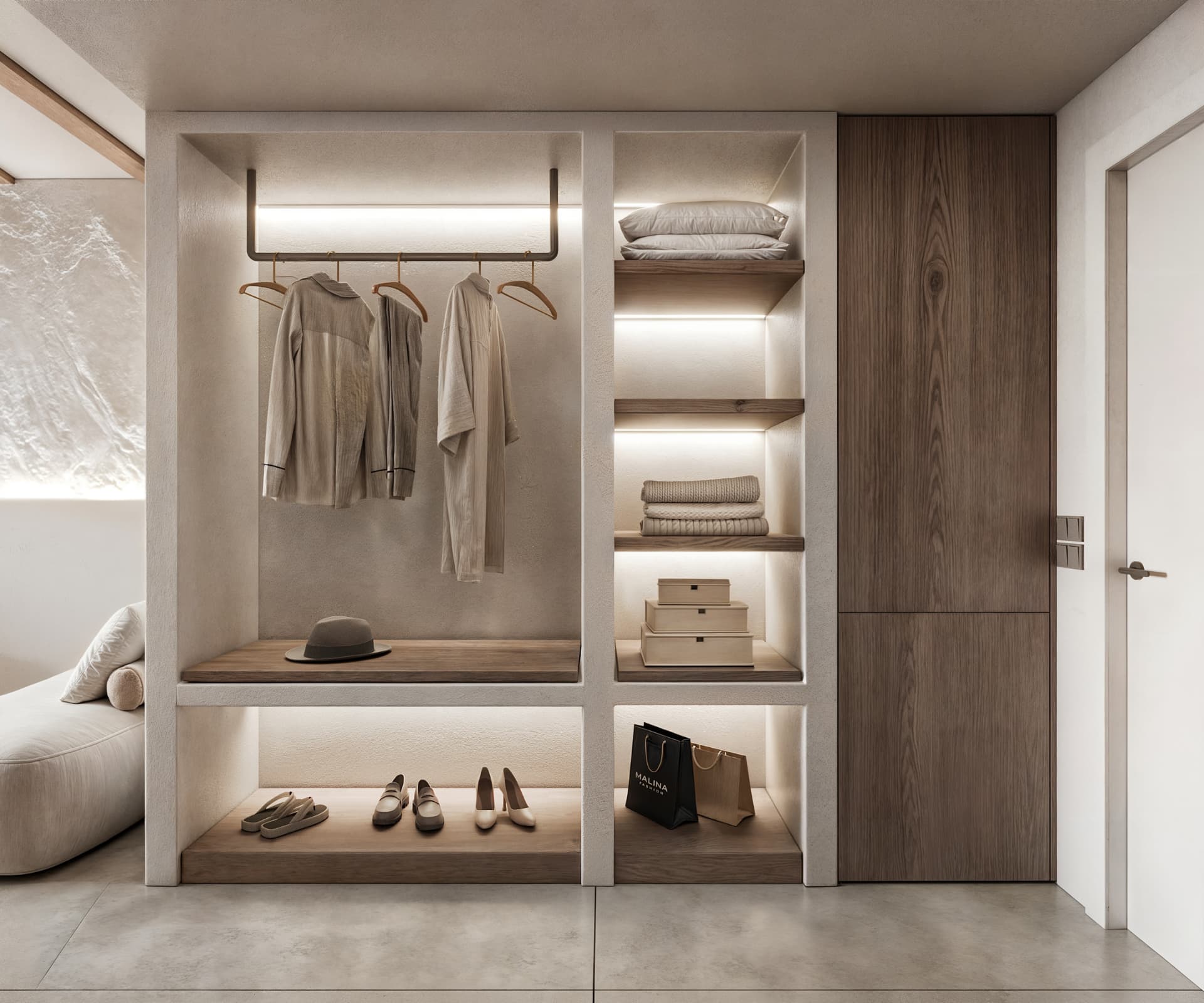 Walk-in Closet — custom millwork with integrated lighting and timber details elevates organization into an intrinsic part of the aesthetic experience