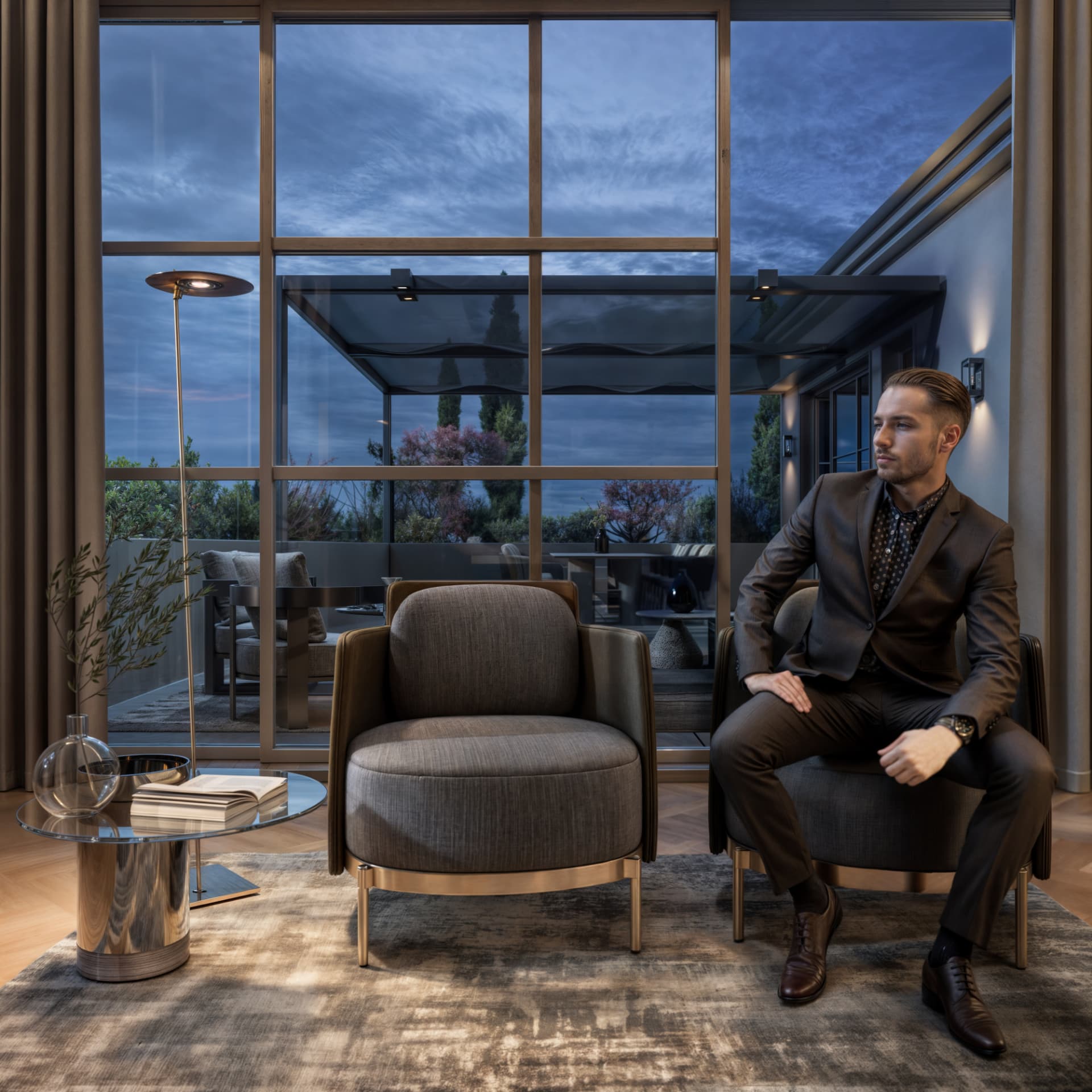 Detail — evening lounge by the glazing