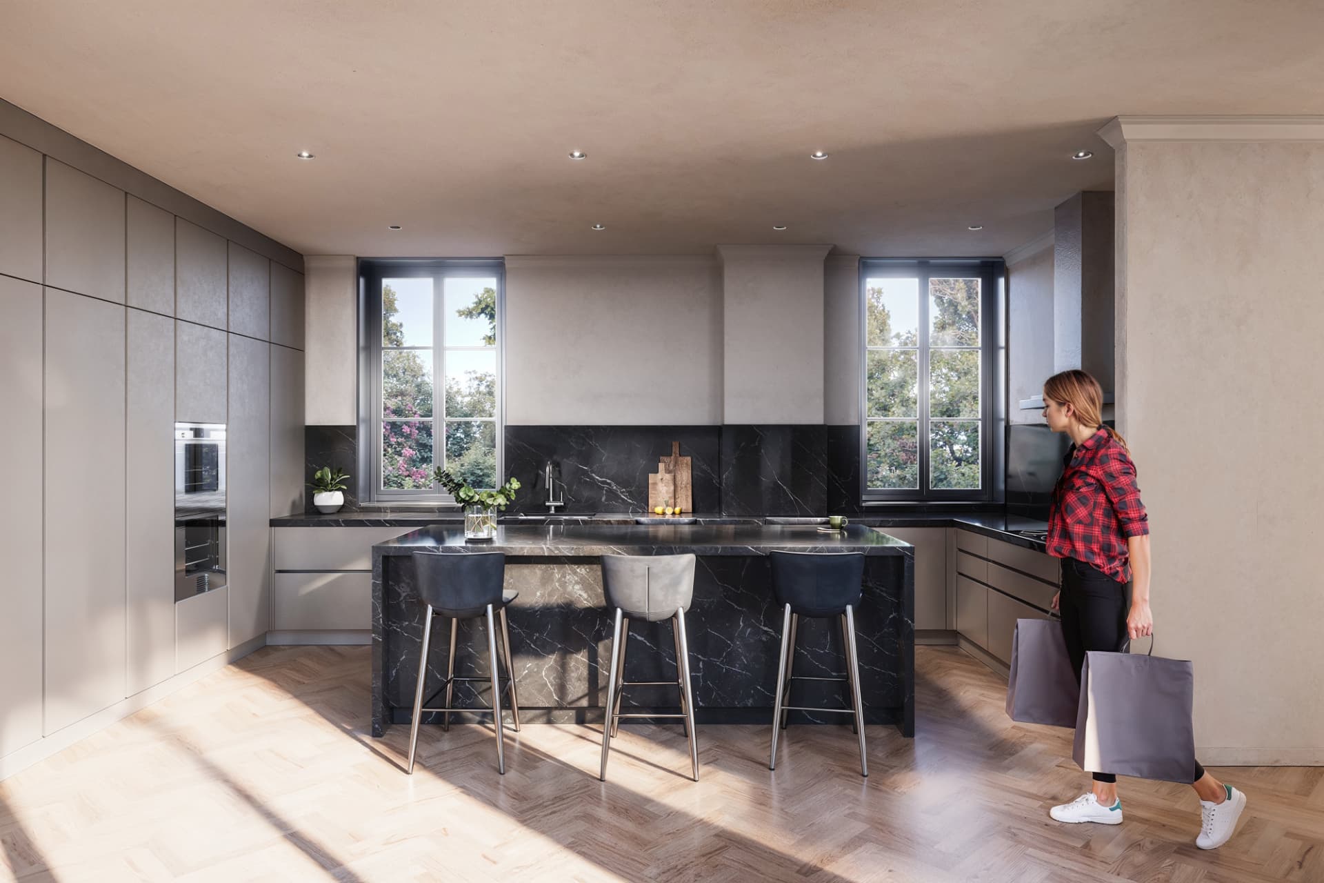 Kitchen — marble island & herringbone oak