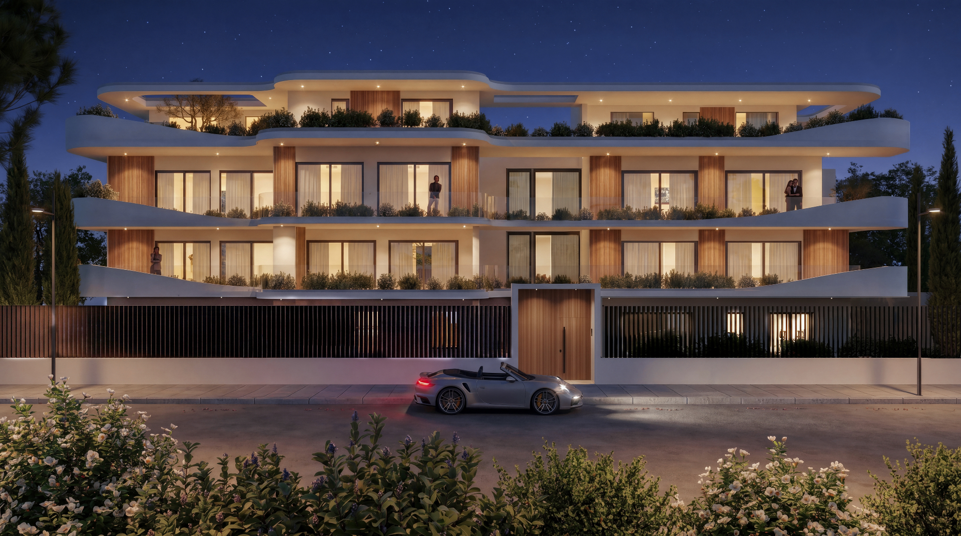 Exterior — evening facade & curved balconies