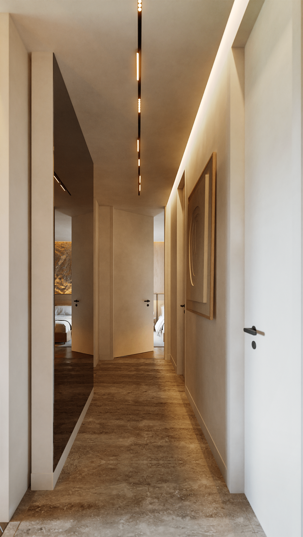Corridor — travertine floor & linear light