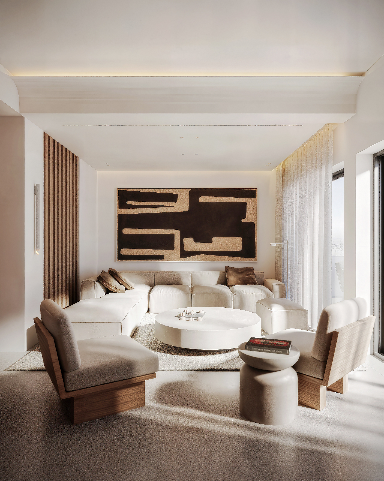 Living room — sculptural seating & textured artwork