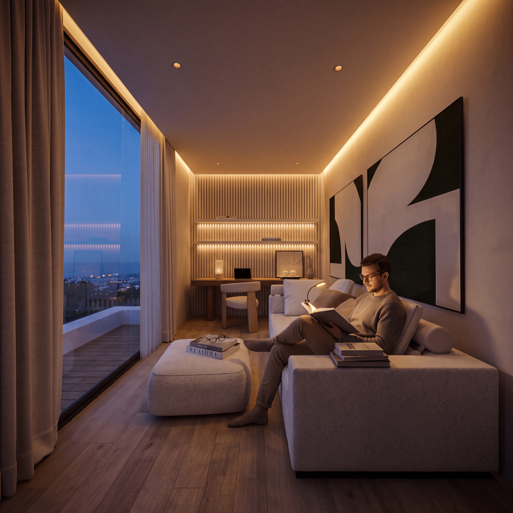 Study room — evening reading nook & city view