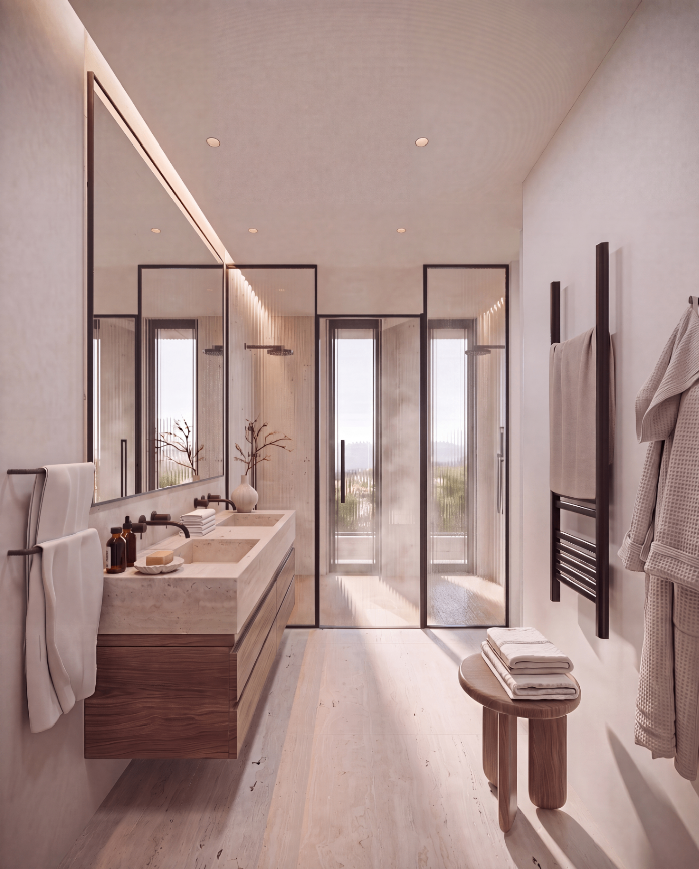 Master bathroom — travertine vanity & rain shower