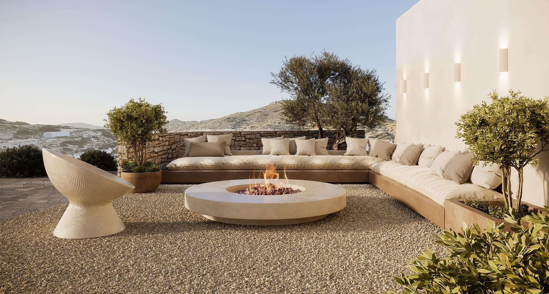 Firepit Terrace — sculpted seating, local stone and native planting at dusk