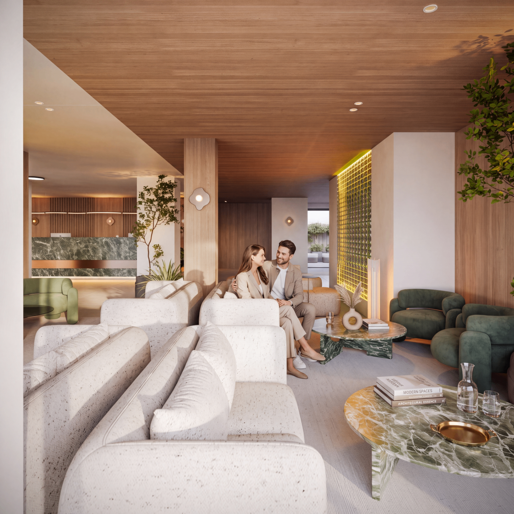 Lobby lounge — travertine seating & green marble